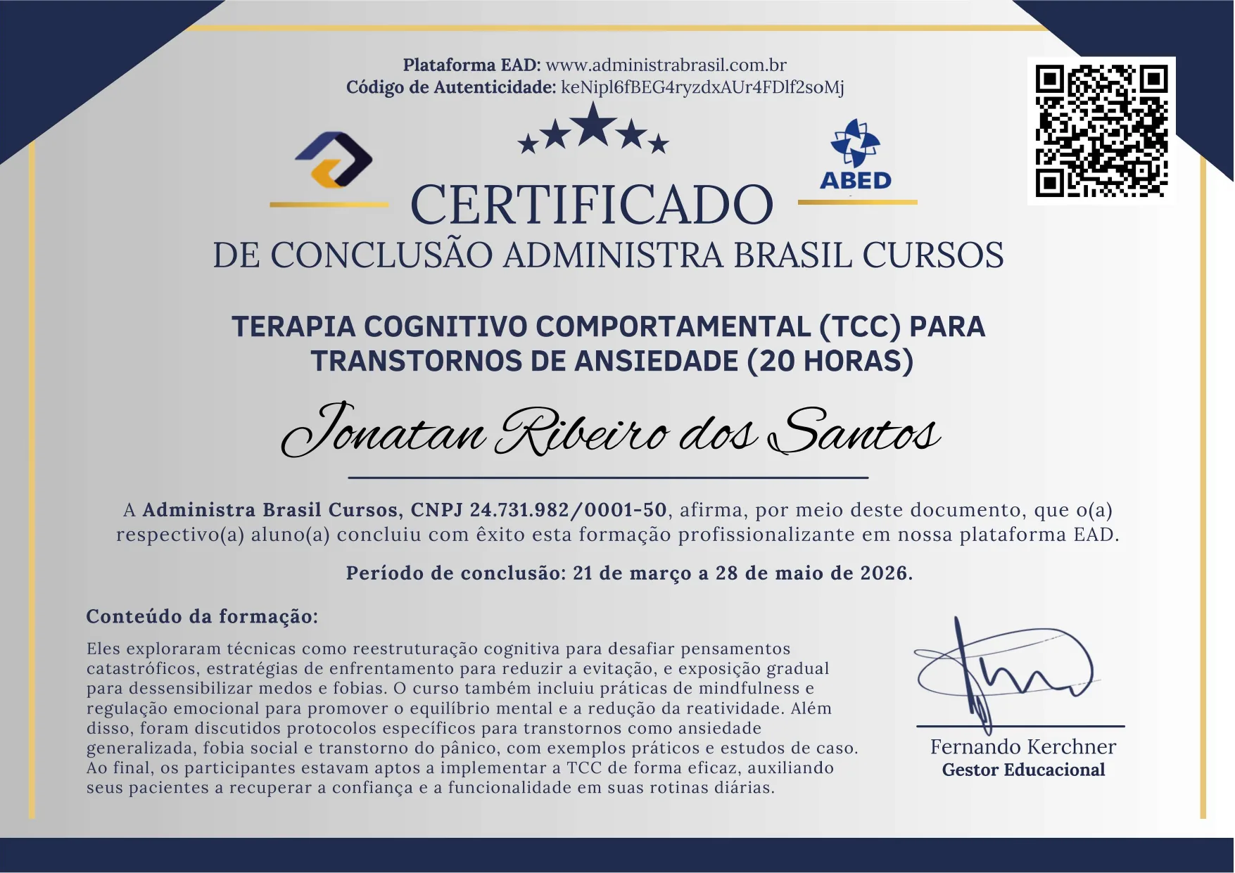 TCC para Transtornos de Ansiedade (20h)